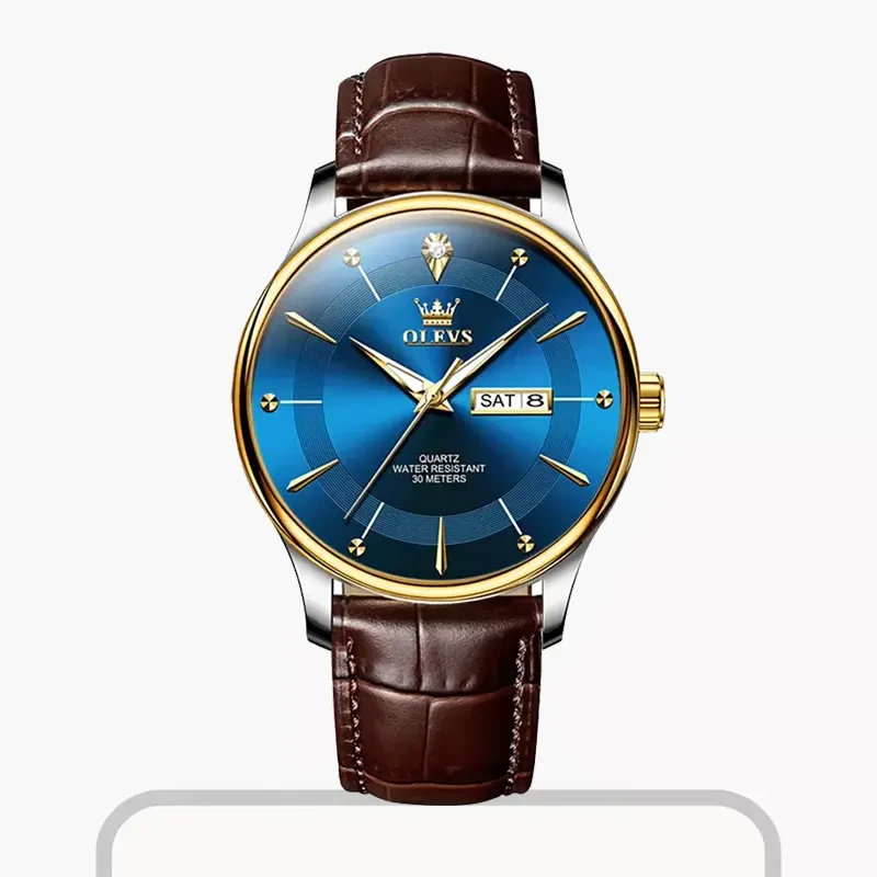 Olevs Blue Dial Classic Brown Leather Men's Watch- 9908